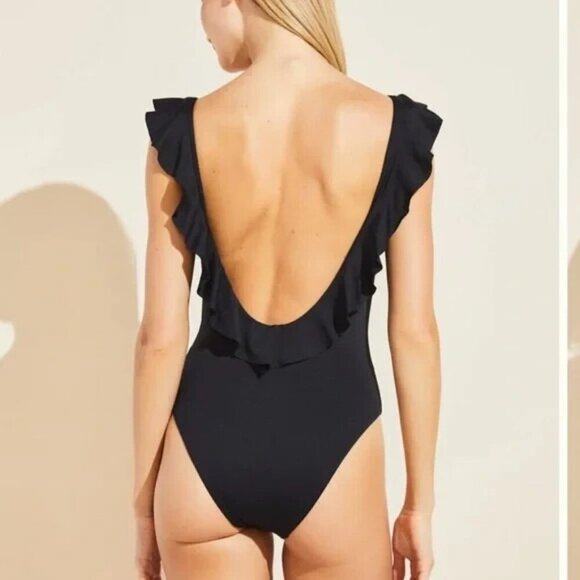 Eberjey Loreta Ruffle Scoop Back So Solid Black One Piece Bathing Suit Large - Picture 2 of 8